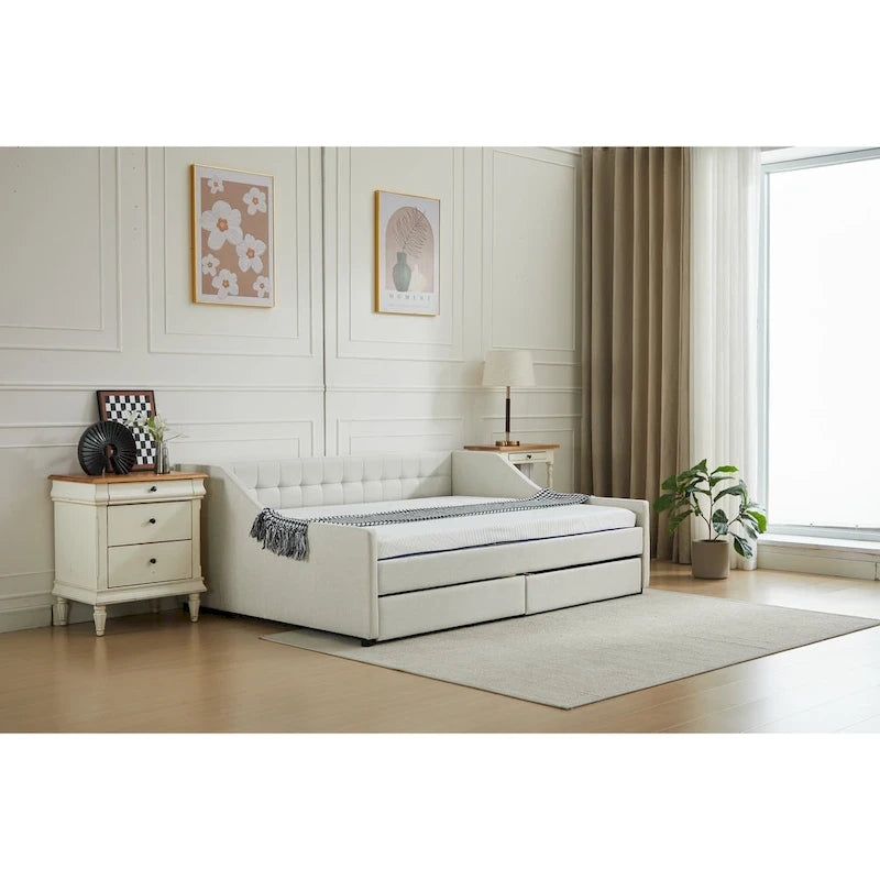 Modern Upholstered Sofa Bed with 2 Drawers and Wooden Frame, Vertical Stripes for Home Lounge Area and Office