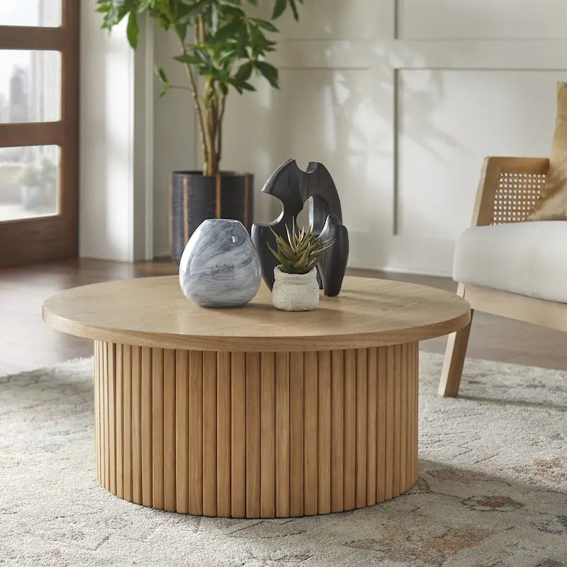 Fluted Low Profile Round Coffee Table – Light Oak Finish