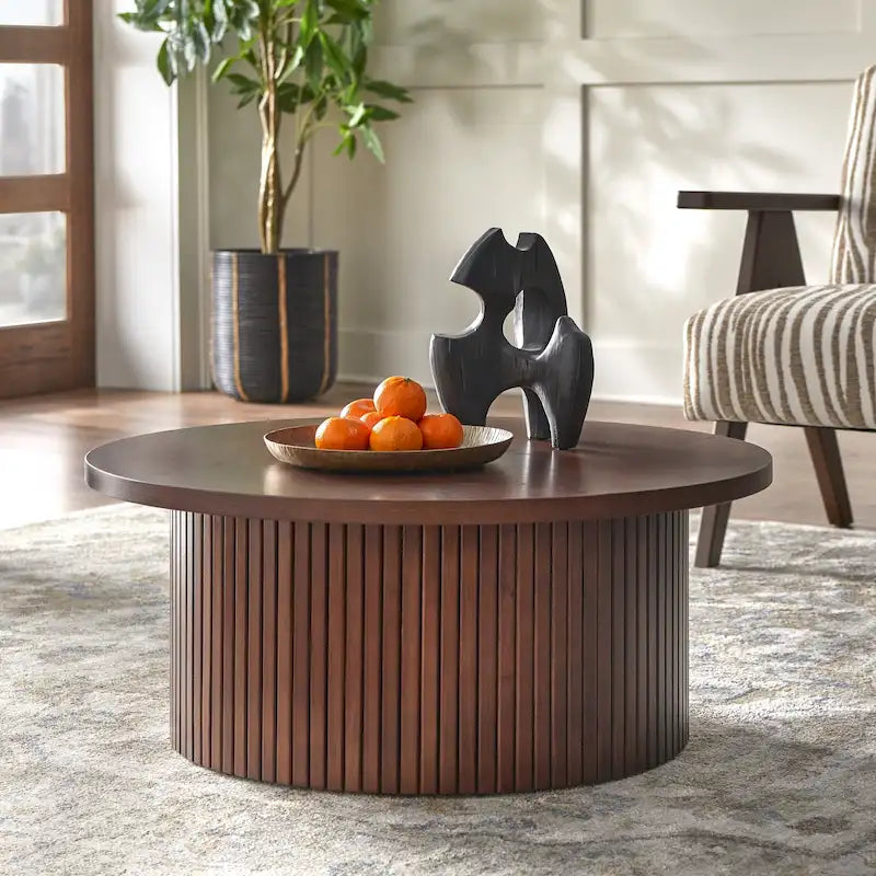 Fluted Low Profile Round Coffee Table – Light Oak Finish
