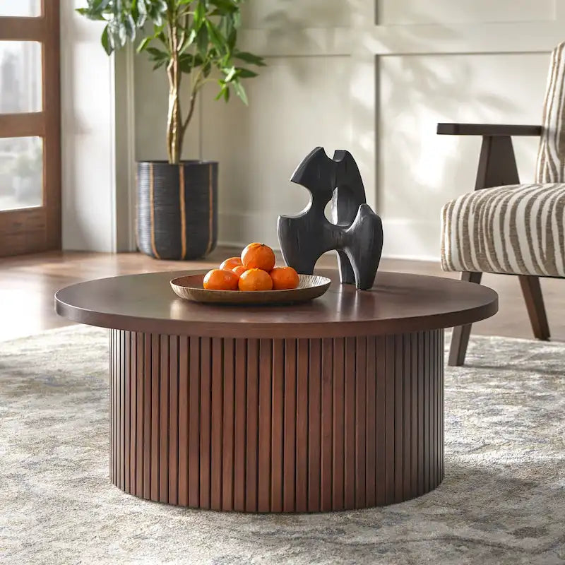 Fluted Low Profile Round Coffee Table – Light Oak Finish