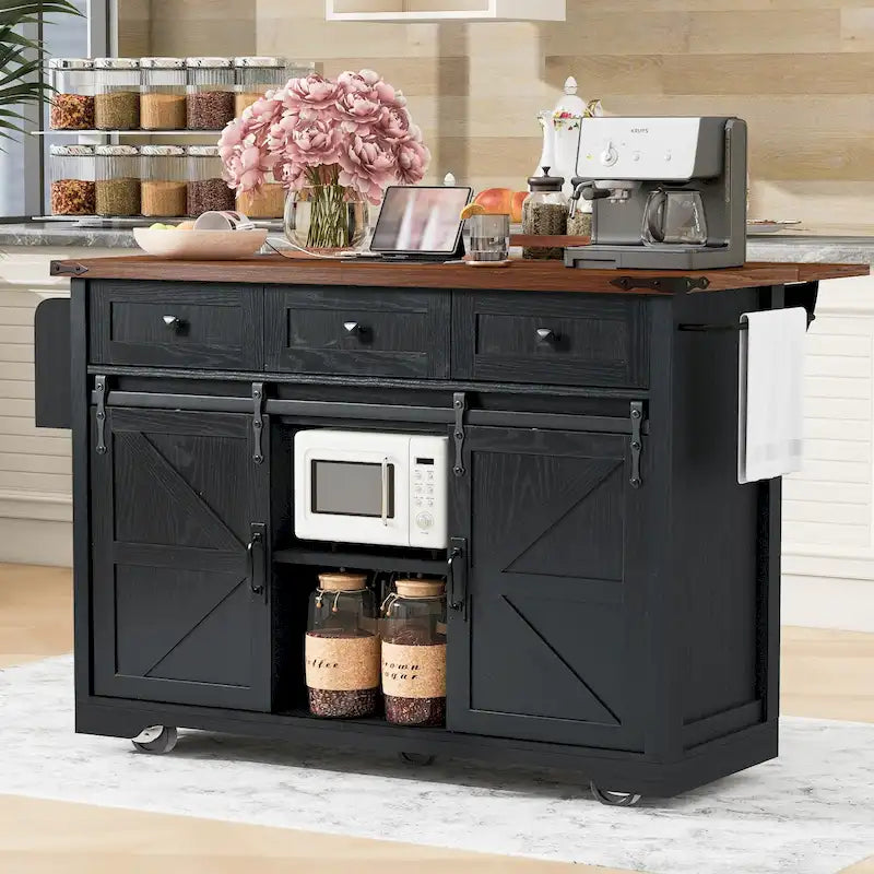 Farmhouse Kitchen Island with Power Outlet, Sliding Barn Doors & Drop Leaf