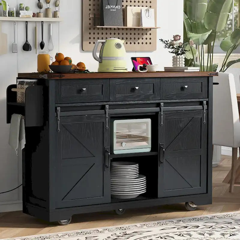 Farmhouse Kitchen Island with Power Outlet, Sliding Barn Doors & Drop Leaf