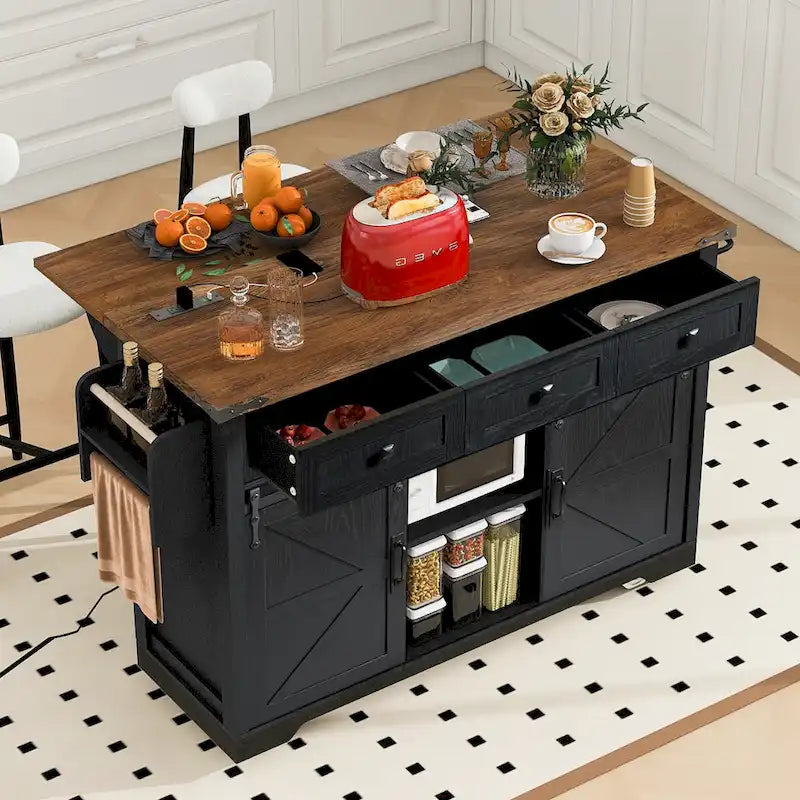Farmhouse Kitchen Island with Power Outlet, Sliding Barn Doors & Drop Leaf