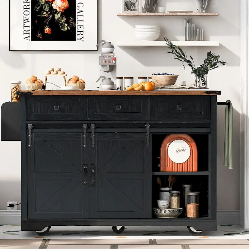 Farmhouse Kitchen Island with Power Outlet, Sliding Barn Doors & Drop Leaf