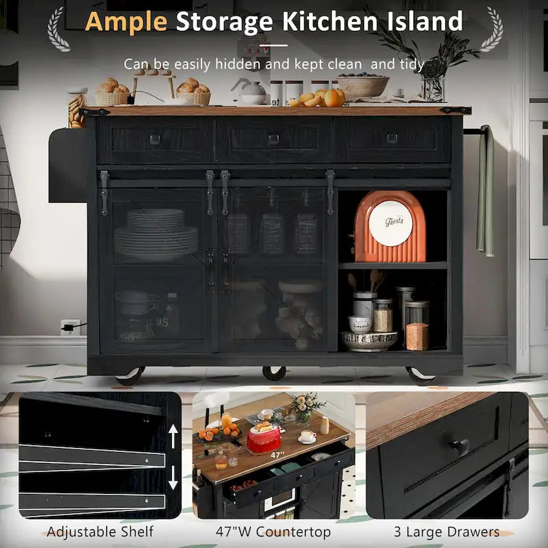 Farmhouse Kitchen Island with Power Outlet, Sliding Barn Doors & Drop Leaf