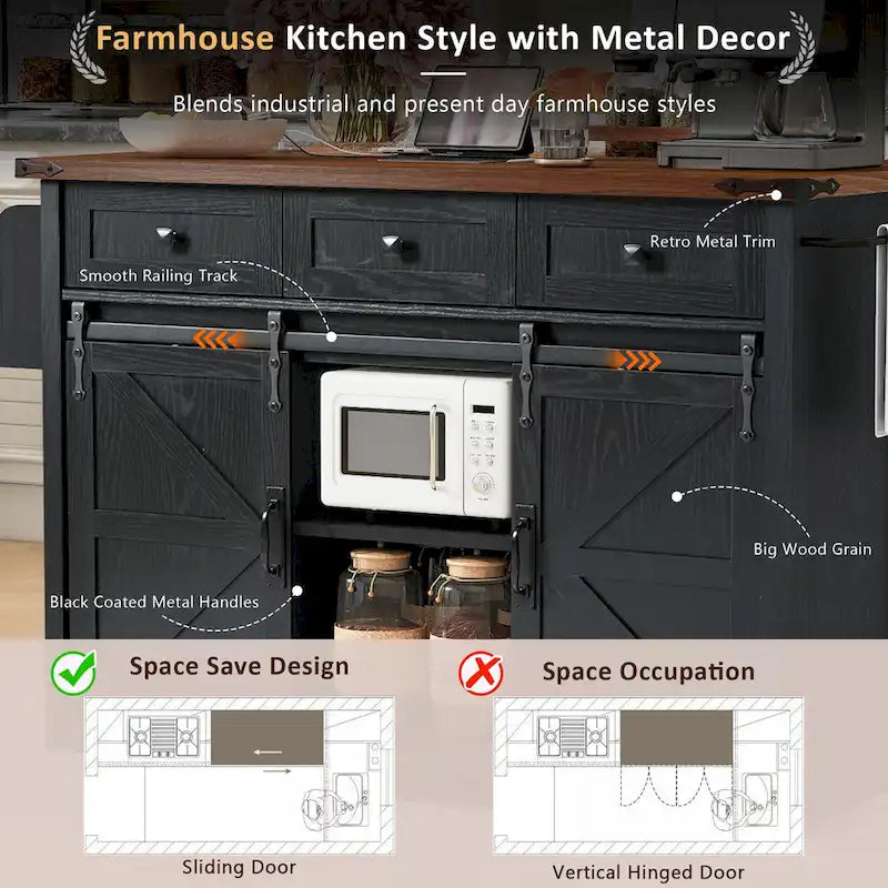 Farmhouse Kitchen Island with Power Outlet, Sliding Barn Doors & Drop Leaf