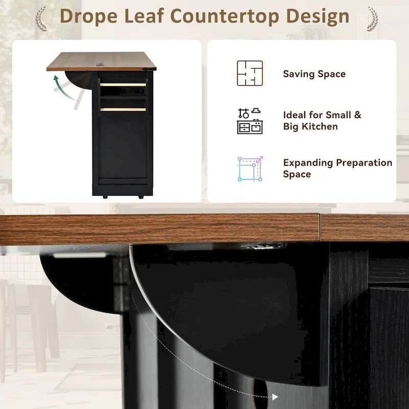 Farmhouse Kitchen Island with Power Outlet, Sliding Barn Doors & Drop Leaf