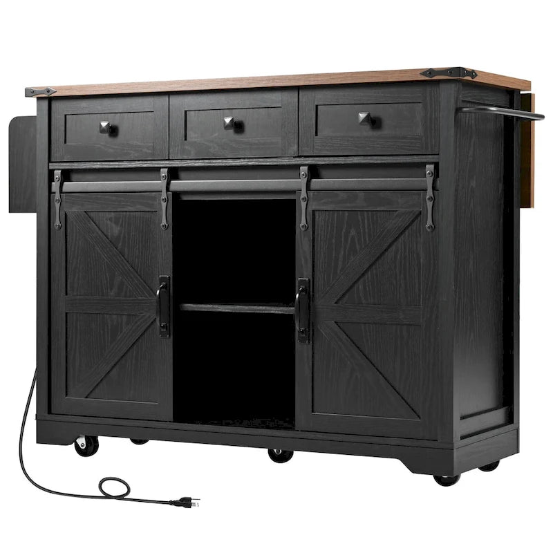 Farmhouse Kitchen Island with Power Outlet, Sliding Barn Doors & Drop Leaf