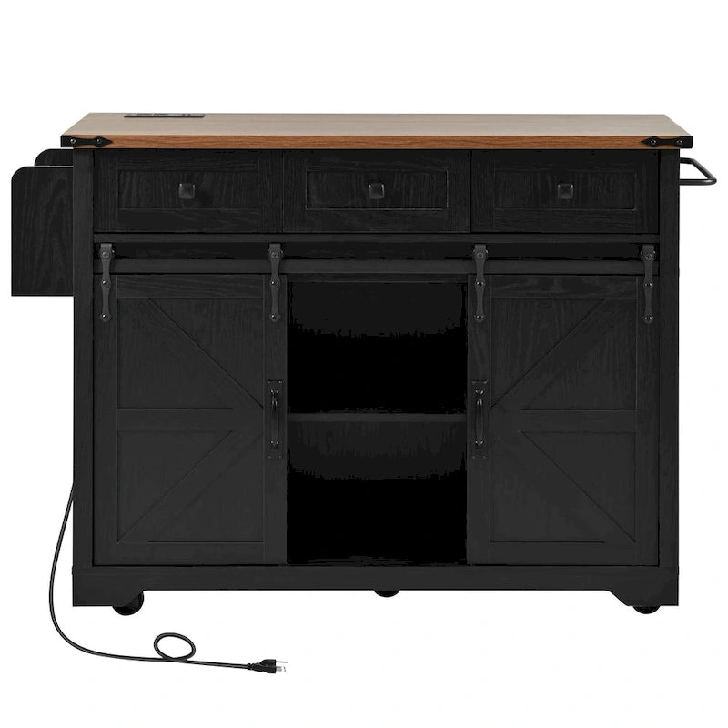 Farmhouse Kitchen Island with Power Outlet, Sliding Barn Doors & Drop Leaf