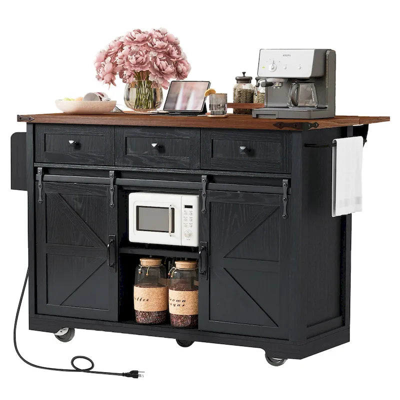Farmhouse Kitchen Island with Power Outlet, Sliding Barn Doors & Drop Leaf
