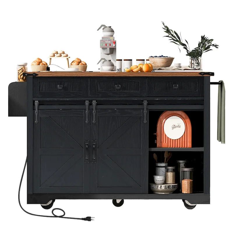 Farmhouse Kitchen Island with Power Outlet, Sliding Barn Doors & Drop Leaf