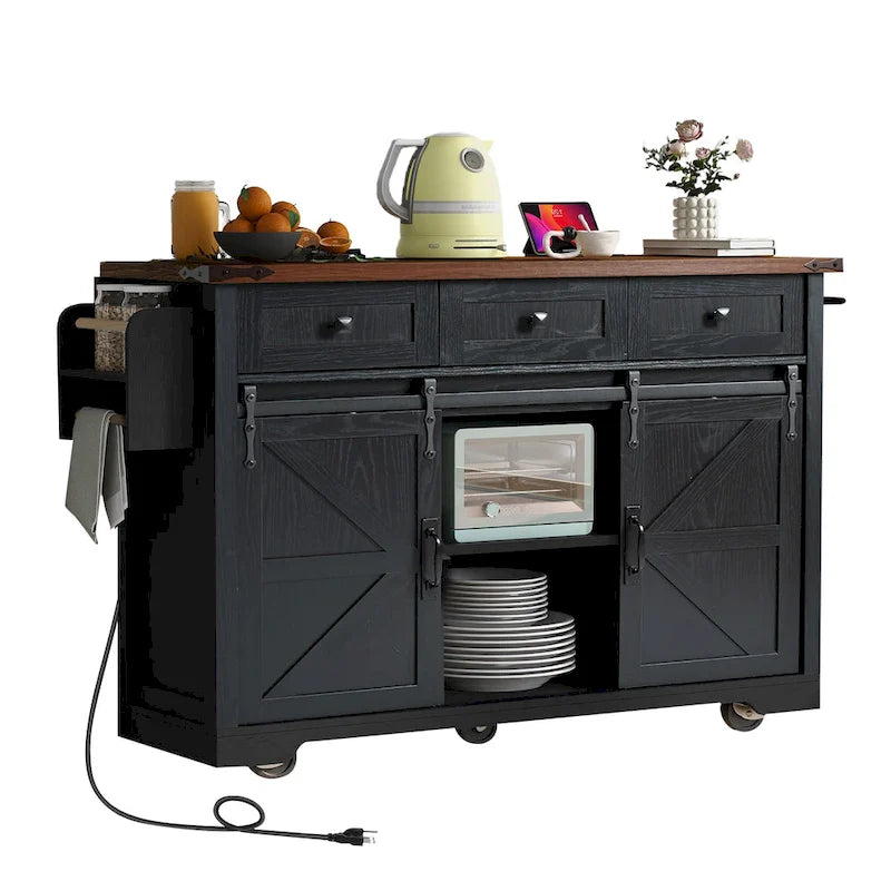 Farmhouse Kitchen Island with Power Outlet, Sliding Barn Doors & Drop Leaf