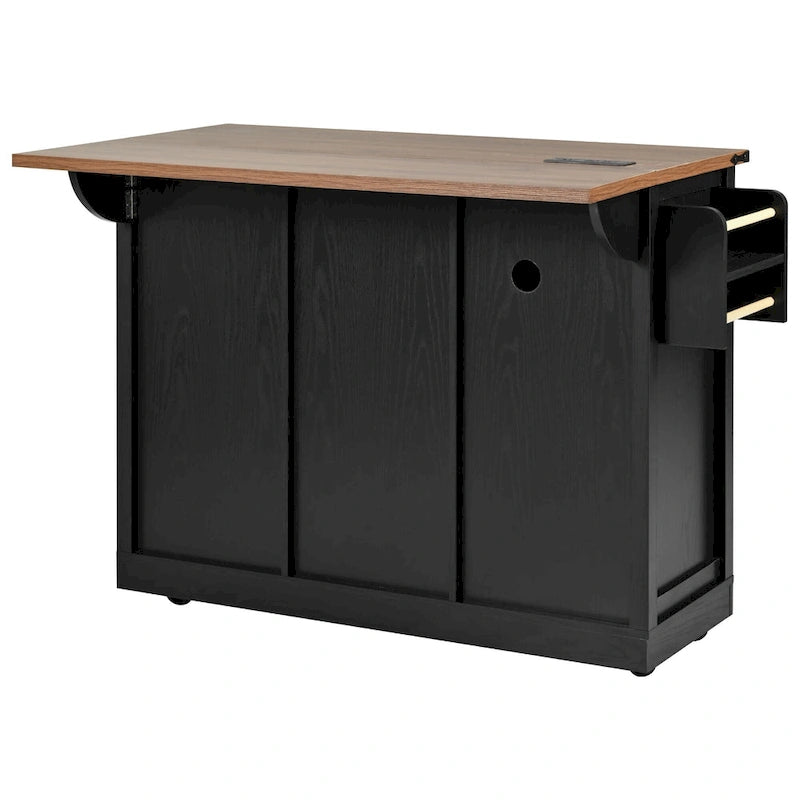 Farmhouse Kitchen Island with Power Outlet, Sliding Barn Doors & Drop Leaf