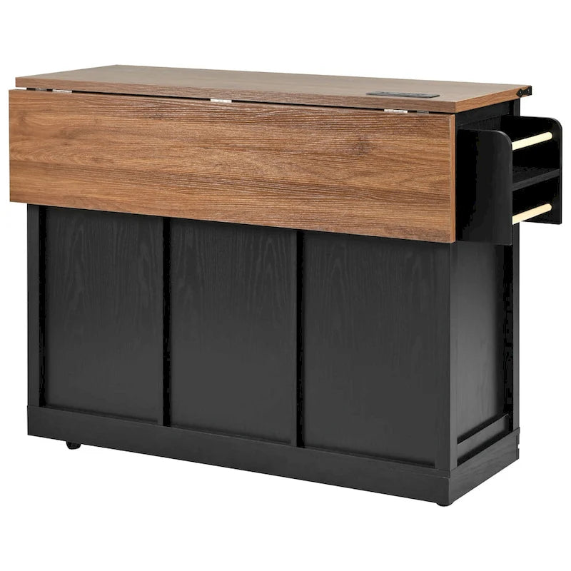 Farmhouse Kitchen Island with Power Outlet, Sliding Barn Doors & Drop Leaf