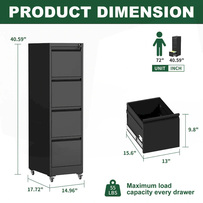 Versatile Locking Metal File Cabinet with Wheels for Home and Office Use