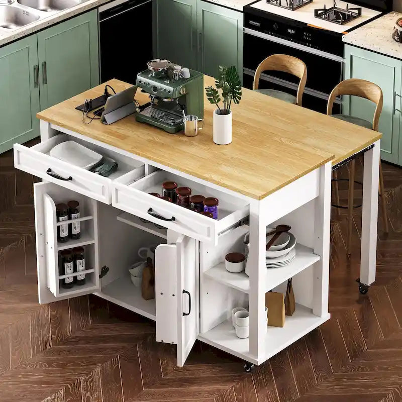 47 Rubber Wood Kitchen Island with Extendable Dining Table, Internal Storage Rack, Power Outlet, Storage 2 Drawers, 2 Cabinet