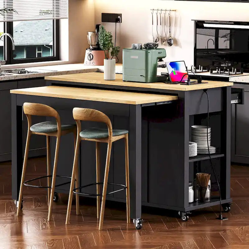 47 Rubber Wood Kitchen Island with Extendable Dining Table, Internal Storage Rack, Power Outlet, Storage 2 Drawers, 2 Cabinet