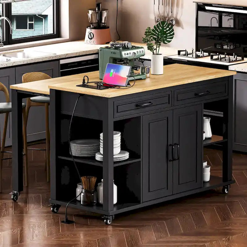 47 Rubber Wood Kitchen Island with Extendable Dining Table, Internal Storage Rack, Power Outlet, Storage 2 Drawers, 2 Cabinet