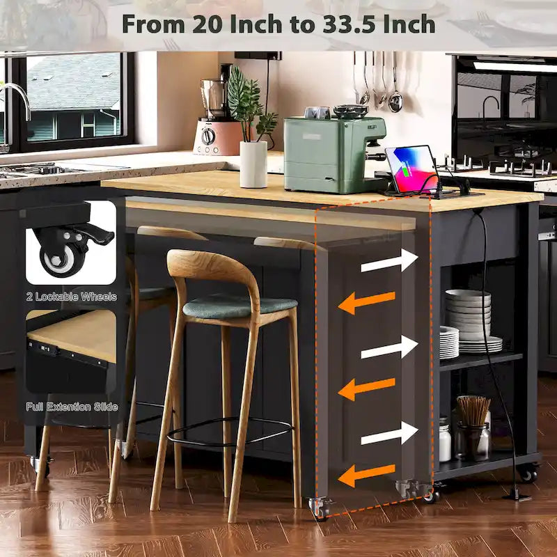 47 Rubber Wood Kitchen Island with Extendable Dining Table, Internal Storage Rack, Power Outlet, Storage 2 Drawers, 2 Cabinet