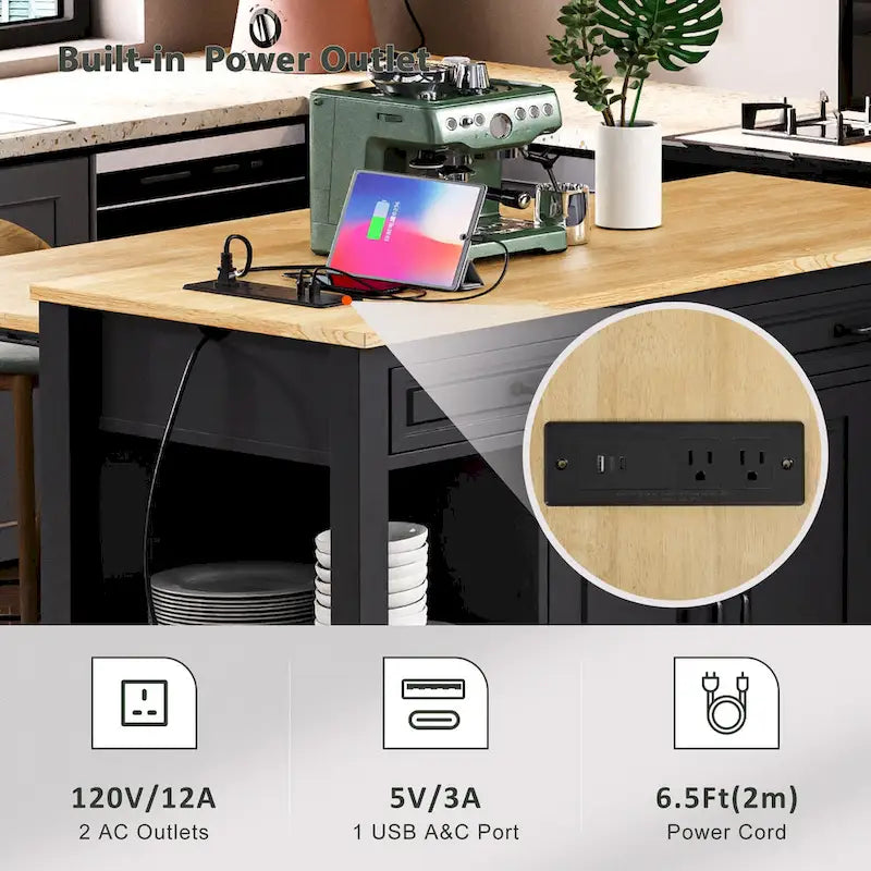 47 Rubber Wood Kitchen Island with Extendable Dining Table, Internal Storage Rack, Power Outlet, Storage 2 Drawers, 2 Cabinet