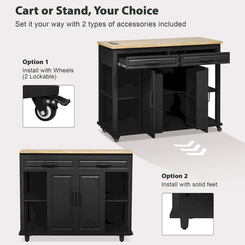 47 Rubber Wood Kitchen Island with Extendable Dining Table, Internal Storage Rack, Power Outlet, Storage 2 Drawers, 2 Cabinet