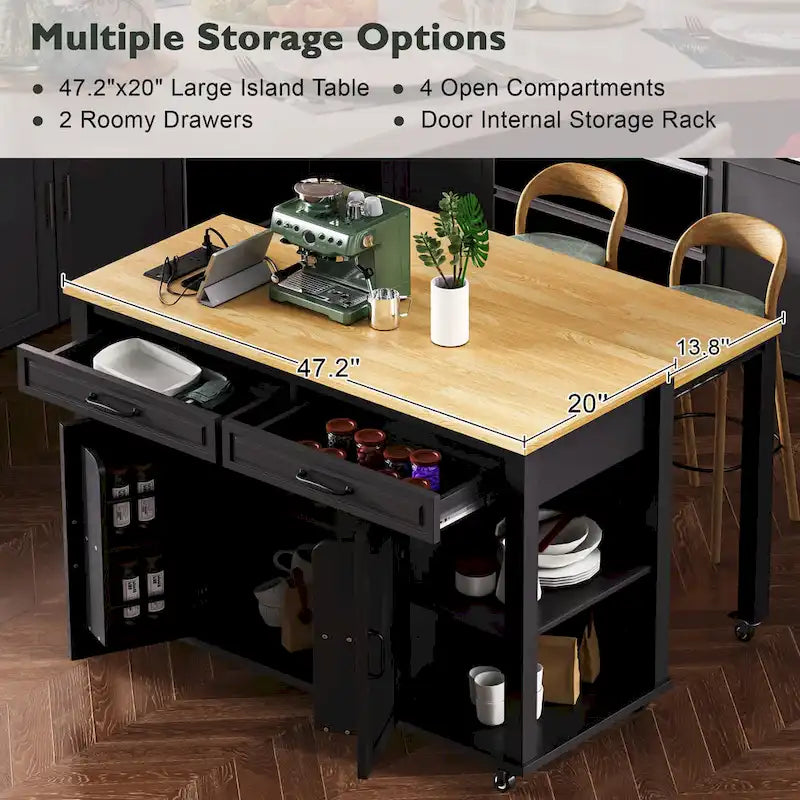 47 Rubber Wood Kitchen Island with Extendable Dining Table, Internal Storage Rack, Power Outlet, Storage 2 Drawers, 2 Cabinet