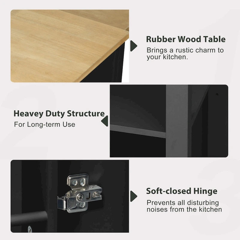 47 Rubber Wood Kitchen Island with Extendable Dining Table, Internal Storage Rack, Power Outlet, Storage 2 Drawers, 2 Cabinet