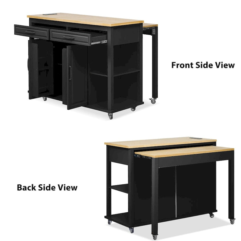 47 Rubber Wood Kitchen Island with Extendable Dining Table, Internal Storage Rack, Power Outlet, Storage 2 Drawers, 2 Cabinet