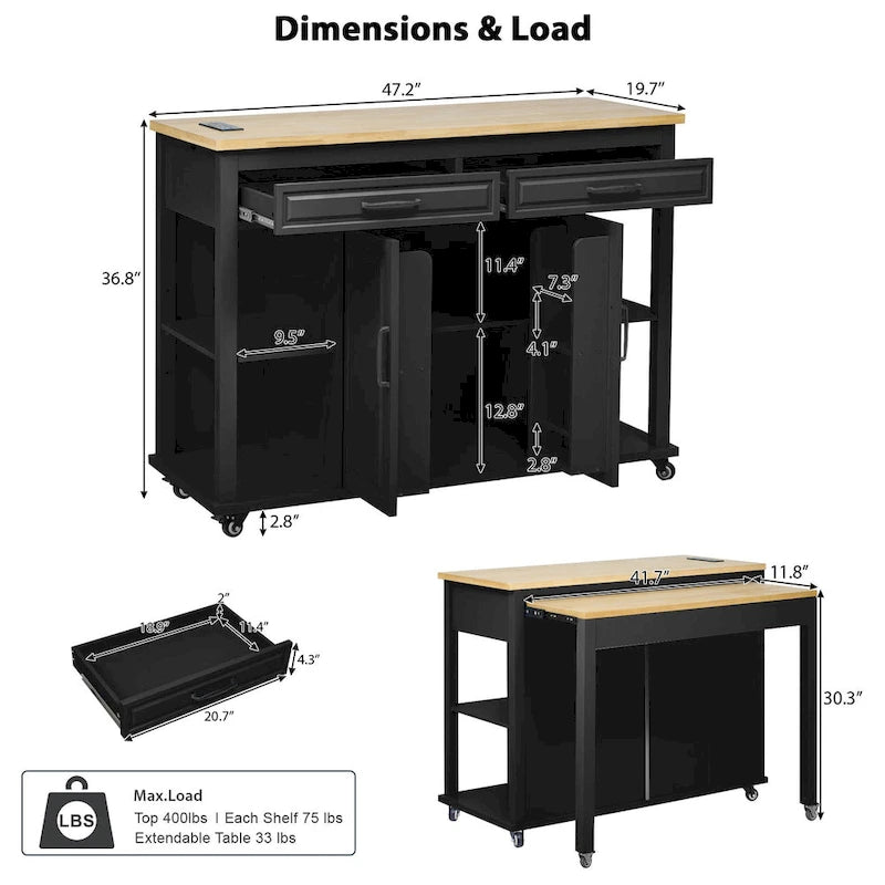 47 Rubber Wood Kitchen Island with Extendable Dining Table, Internal Storage Rack, Power Outlet, Storage 2 Drawers, 2 Cabinet