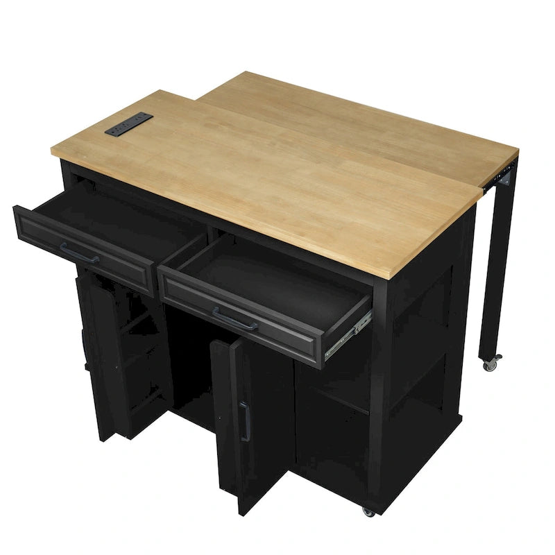 47 Rubber Wood Kitchen Island with Extendable Dining Table, Internal Storage Rack, Power Outlet, Storage 2 Drawers, 2 Cabinet