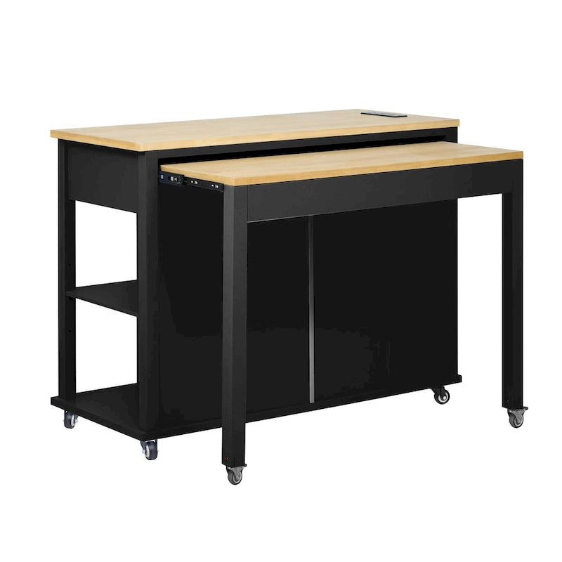 47 Rubber Wood Kitchen Island with Extendable Dining Table, Internal Storage Rack, Power Outlet, Storage 2 Drawers, 2 Cabinet