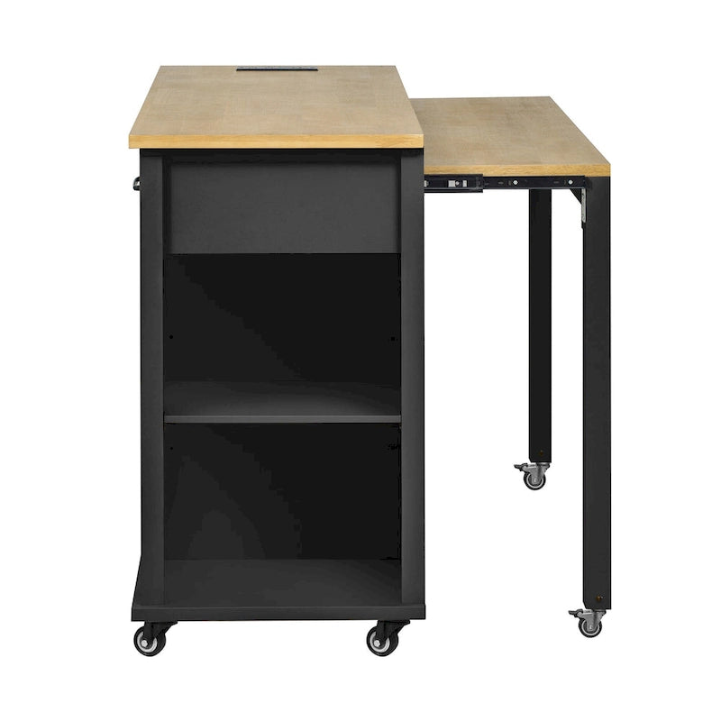 47 Rubber Wood Kitchen Island with Extendable Dining Table, Internal Storage Rack, Power Outlet, Storage 2 Drawers, 2 Cabinet