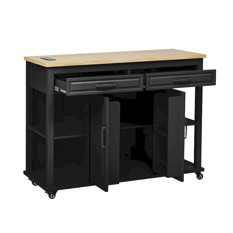 47 Rubber Wood Kitchen Island with Extendable Dining Table, Internal Storage Rack, Power Outlet, Storage 2 Drawers, 2 Cabinet