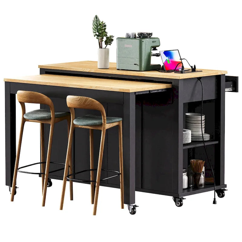 47 Rubber Wood Kitchen Island with Extendable Dining Table, Internal Storage Rack, Power Outlet, Storage 2 Drawers, 2 Cabinet