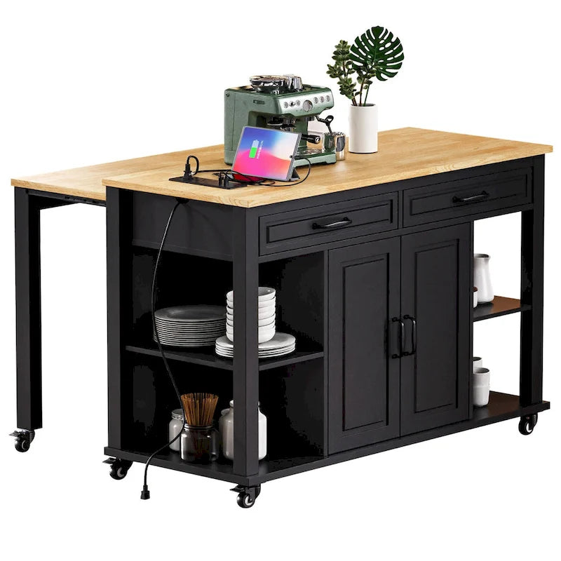 47 Rubber Wood Kitchen Island with Extendable Dining Table, Internal Storage Rack, Power Outlet, Storage 2 Drawers, 2 Cabinet