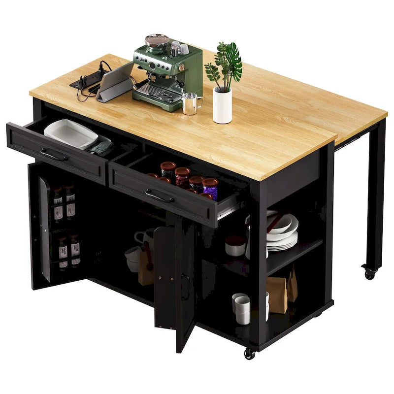 47 Rubber Wood Kitchen Island with Extendable Dining Table, Internal Storage Rack, Power Outlet, Storage 2 Drawers, 2 Cabinet