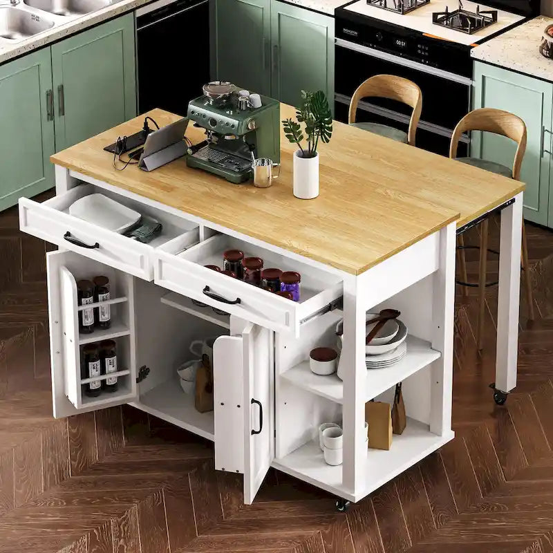 47 Rubber Wood Kitchen Island with Extendable Dining Table, Internal Storage Rack, Power Outlet, Storage 2 Drawers, 2 Cabinet