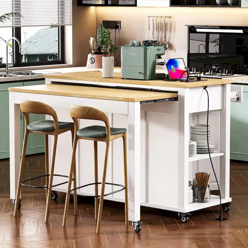 47 Rubber Wood Kitchen Island with Extendable Dining Table, Internal Storage Rack, Power Outlet, Storage 2 Drawers, 2 Cabinet