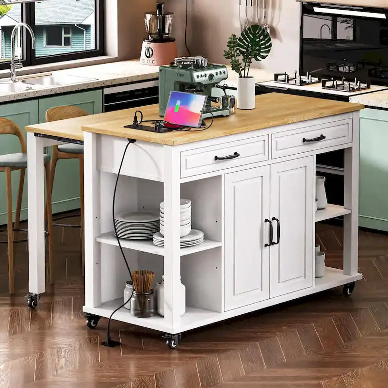 47 Rubber Wood Kitchen Island with Extendable Dining Table, Internal Storage Rack, Power Outlet, Storage 2 Drawers, 2 Cabinet