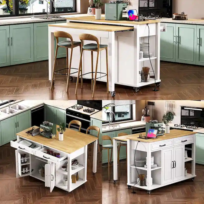 47 Rubber Wood Kitchen Island with Extendable Dining Table, Internal Storage Rack, Power Outlet, Storage 2 Drawers, 2 Cabinet