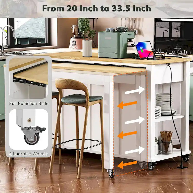 47 Rubber Wood Kitchen Island with Extendable Dining Table, Internal Storage Rack, Power Outlet, Storage 2 Drawers, 2 Cabinet