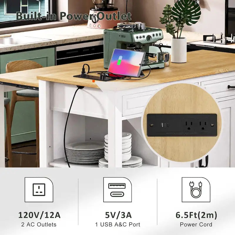 47 Rubber Wood Kitchen Island with Extendable Dining Table, Internal Storage Rack, Power Outlet, Storage 2 Drawers, 2 Cabinet