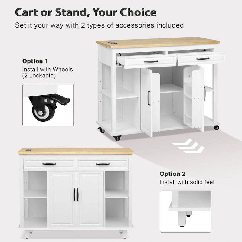 47 Rubber Wood Kitchen Island with Extendable Dining Table, Internal Storage Rack, Power Outlet, Storage 2 Drawers, 2 Cabinet