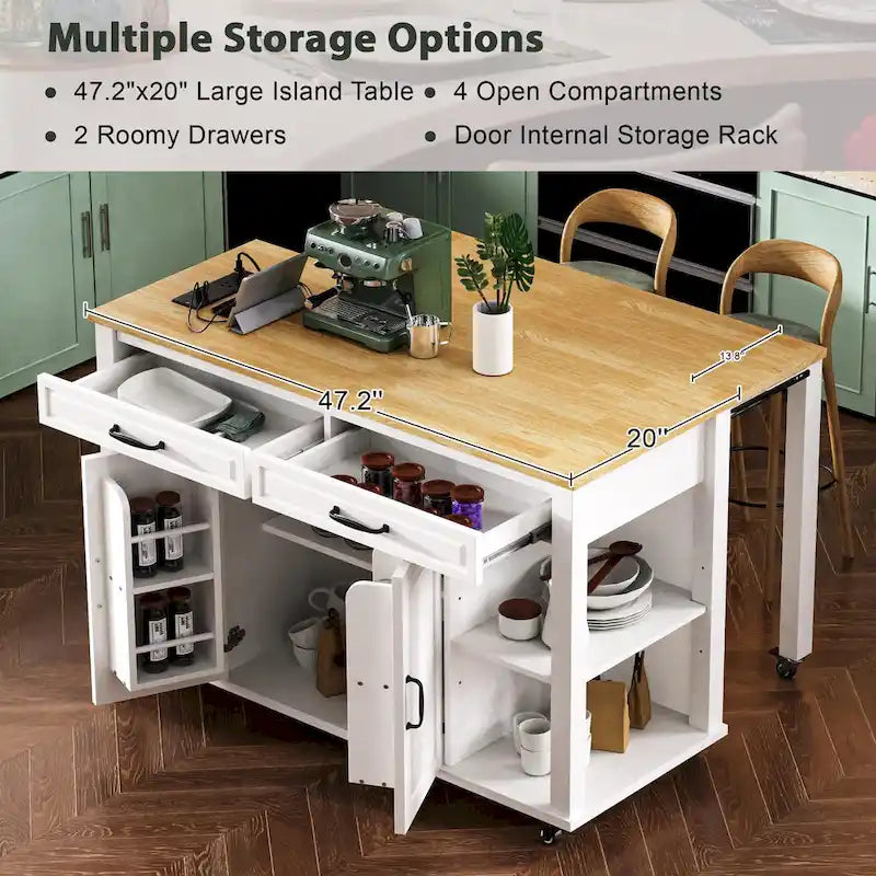 47 Rubber Wood Kitchen Island with Extendable Dining Table, Internal Storage Rack, Power Outlet, Storage 2 Drawers, 2 Cabinet