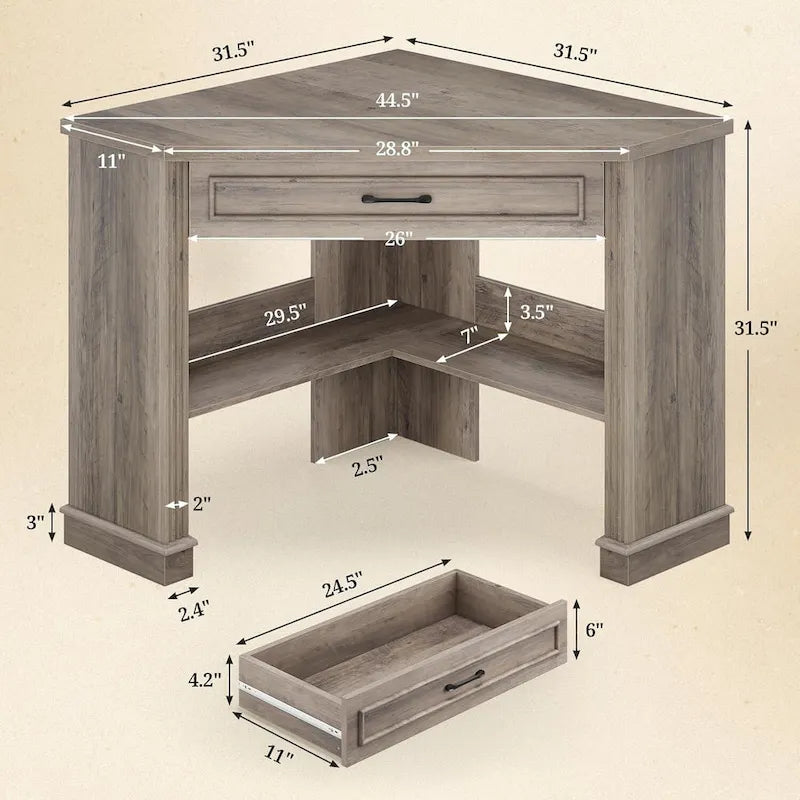 Small Corner Desk Triangle Computer Desk Drawer Storage Shelves