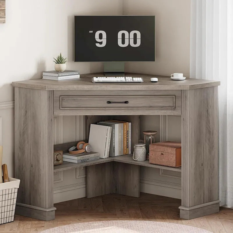 Small Corner Desk Triangle Computer Desk Drawer Storage Shelves