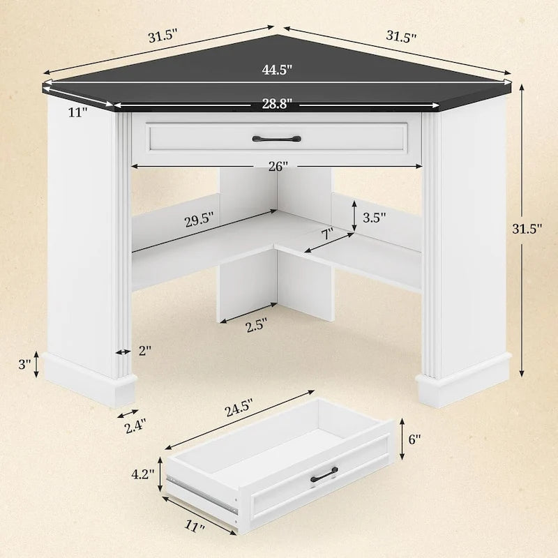 Small Corner Desk Triangle Computer Desk Drawer Storage Shelves