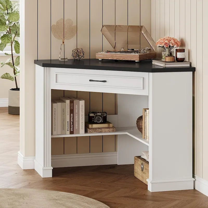 Small Corner Desk Triangle Computer Desk Drawer Storage Shelves