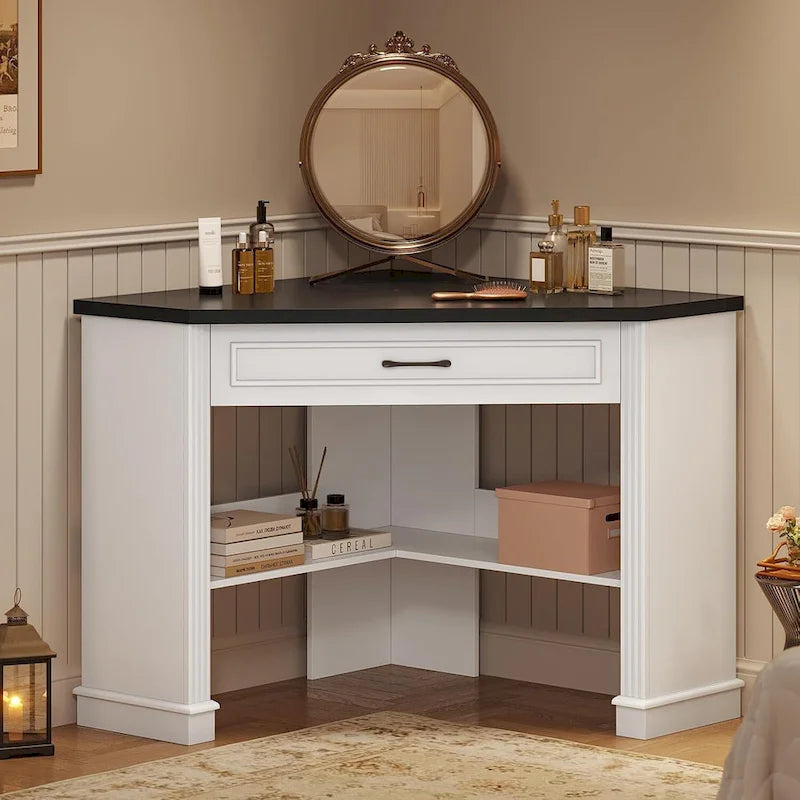 Small Corner Desk Triangle Computer Desk Drawer Storage Shelves