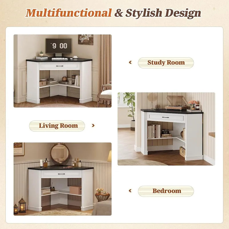Small Corner Desk Triangle Computer Desk Drawer Storage Shelves